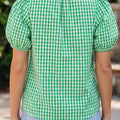 Green Gingham Plaid Bubble Sleeve Colorblock Trim V Neck Blouse - Foto 2