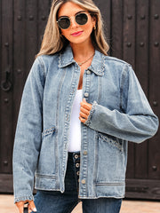 Myosotis-Jakobsmuschel-Kragenkragen mit gepatchter Tasche und mineralgewaschener Jeansjacke - Miniatuur