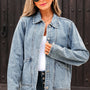 Myosotis-Jakobsmuschel-Kragenkragen mit gepatchter Tasche und mineralgewaschener Jeansjacke