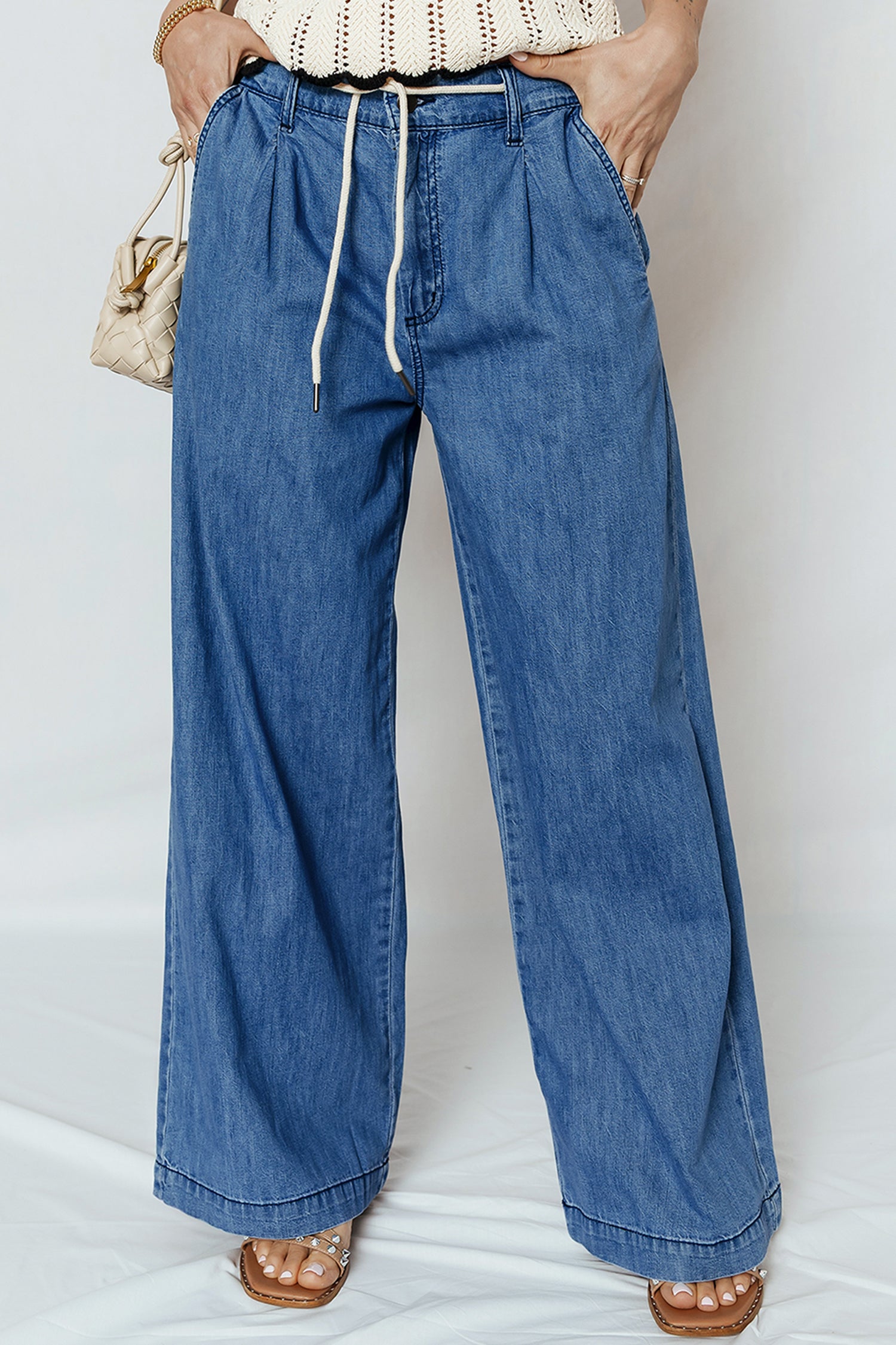 Dämmerblaue Schnürung Pull-on Wide Legs Jeans