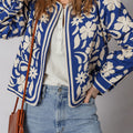 Blue Flower Print Open Front Buttoned Cuffs Elegant Jacket - Damesmode Afbeelding 1 - Foto 1