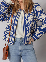 Blauer Blumenmuster Offene Vorderseite mit Knöpfen – elegante Jacke – Damesmode Afbeelding 1 - Miniatuur