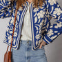 Blauw Flower Print Offene Vorderseite Buttoned Cuffs Elegant Jasje