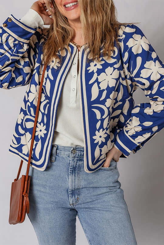 Blauer Blumenmuster Offene Vorderseite mit Knöpfen – elegante Jacke – Damesmode Afbeelding 1