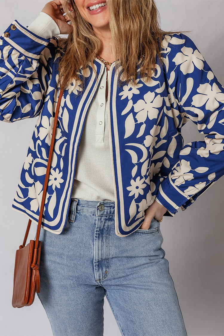 Blue Flower Print Open Front Buttoned Cuffs Elegant Jacket - Damesmode Afbeelding 1 - Damesmode
