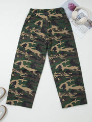 Green Camouflage Print Drawstring Patch Pocket Barrel Jeans - Miniatuur