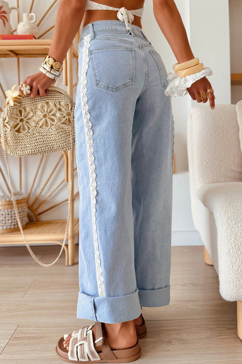 Beau Blue Lace Trim Casual Full-Length Regular Fit Jeans - Damesmode Afbeelding 2
