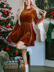 Chestnut Velvet Frilled Neck Gigot Sleeve Swing Dress - Miniatuur
