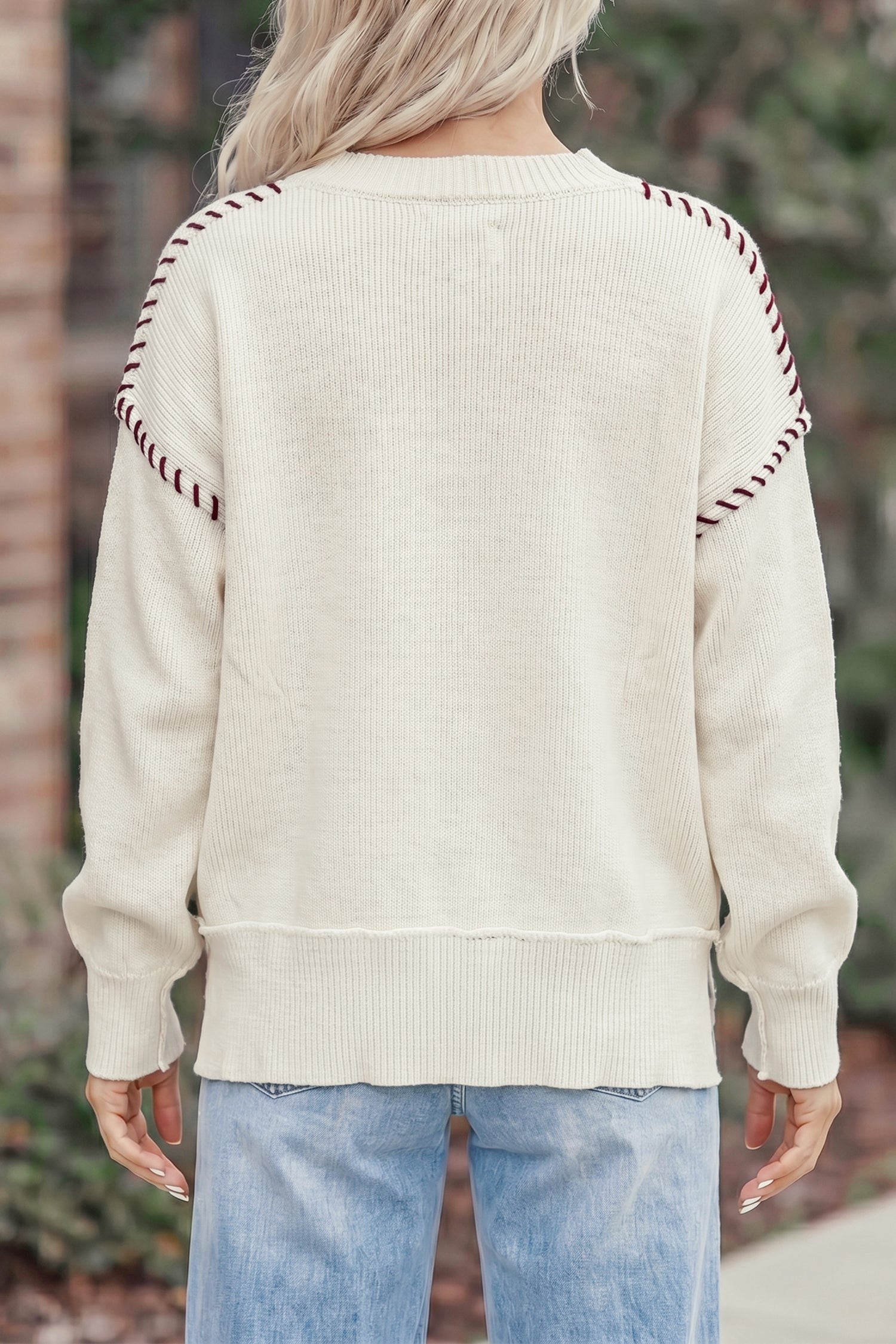 Beige Drop Shoulder Game Day Letter Print Pullover Sweater - Damesmode Afbeelding 2