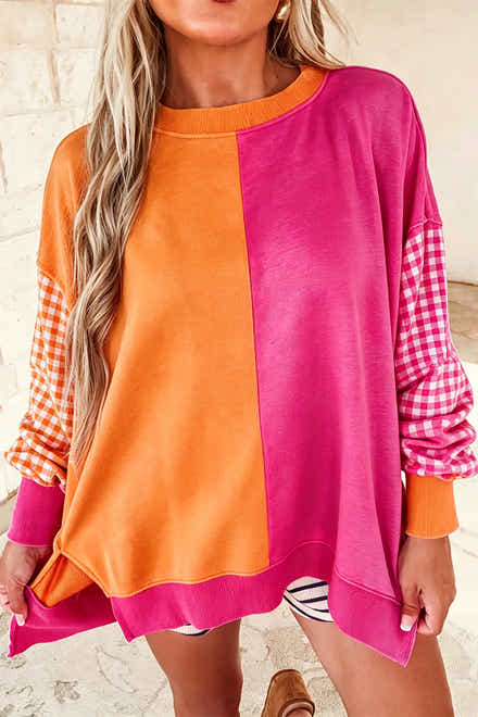 Rosarote Farbblock-Gingham-Ärmel-Pullover mit Rundhals