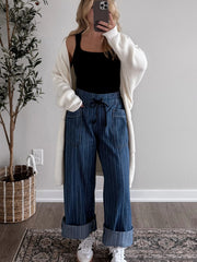 Jeans larghi a strisce blu con fascchio a contrasto - Immagine di moda femminile 6 - Miniatuur
