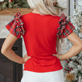 Black Plaid Pearl Ruffle Short Sleeve Loose T Shirt - Damesmode Afbeelding 5 - Foto 5