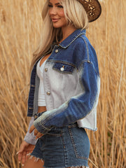 Dusk Blue Color Block Patchwork Flap Detail Distress Denim Jacket - Miniatuur