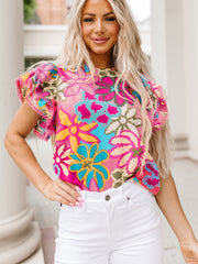 Multicolor Vibrant Floral Print Trimmed Ruffle Sleeve Blouse - Miniatuur