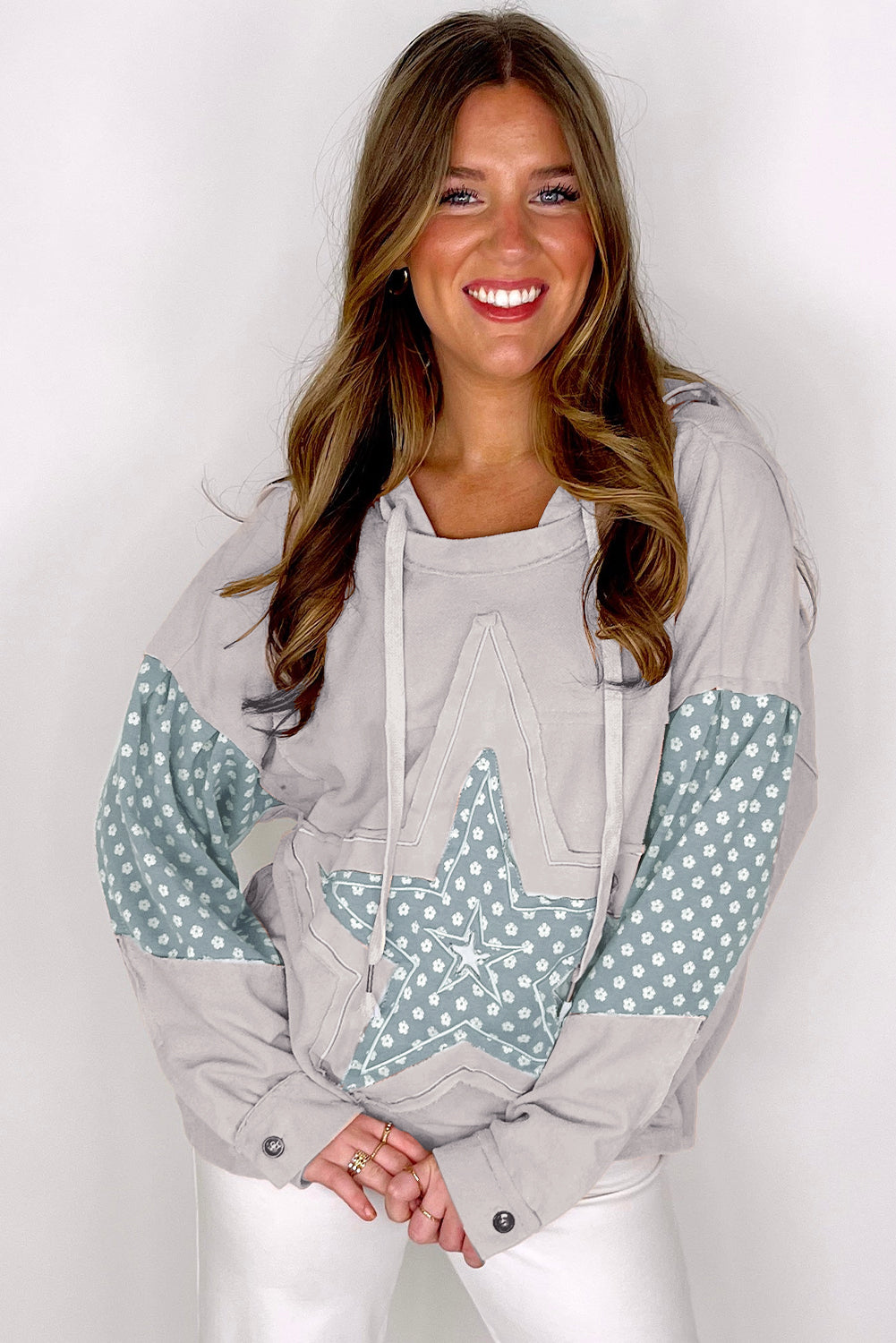 Apricot Floral Patchwork Star Pattern Drawstring Hoodie - Damesmode Afbeelding 6