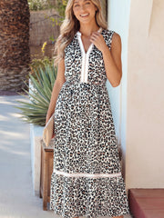 White Leopard Print Colorblock Trim Sleeveless Midi Dress - Miniatuur