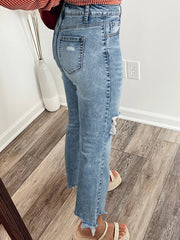 Myosotis Rohsaum, aufgerissene Knie-Passform-Flare-Jeans - Miniatuur