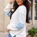 Beige Floral Striped Long Sleeve Contrasted Pullover Top - Damesmode Afbeelding 3 - Foto 3