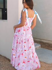 Maxi robe smock à épaules nouées à imprimé fleur rose - Miniatuur