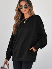 Schwarzer, einfarbiger strukturierter Pullover mit runder Ausschnitt – Damesmode Afbeelding 3 - Miniatuur