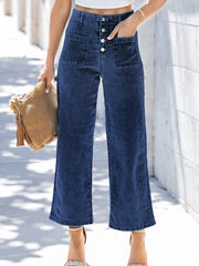 Jeans tagliati a vita alta a vita alta e gamba larga tagliati a vela blu - Miniatuur