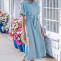 Sail Blue Full Buttons Collared Short Bubble Sleeve Long Denim Dress - Foto 6