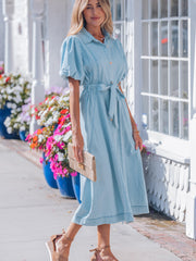 Vestido vaquero largo de manga burbuja con botones largos con botones de vela azul - Miniatuur