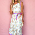Wäiss Blummenprint Faarfblock-Trim Gürtel-Ärmellos Maxi-Kleed - Foto 6