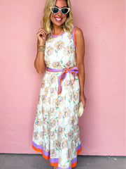 White Floral Print Color Block Trim Belted Sleeveless Maxi Dress - Miniatuur
