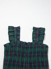Green Plaid Ruffle Sleeveless Shirred Bodice Tiered Midi Dress - Miniatuur