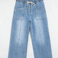 Beau Blue Drawstring Waist Wide Leg Ankle Length Jeans - Damesmode Afbeelding 6 - Foto 6