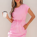 Bonbon Cuffed Short Sleeve Mix Fabric Patchwork Drawstring Mini Dress - Damesmode Afbeelding 5 - Foto 5
