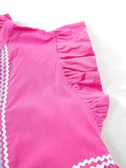 Strawberry Pink Ric Rac Colorblock Flutter Sleeve V Neck Tiered Dress - Miniatuur