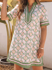 Multicolour Boho Geometric Flower Print Short Sleeve Loose Mini Dress - Miniatuur