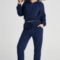 Marineblaues Rippen-Strick-Hoodie-Set mit Kordelzug und Joggerhose mit Kordelzug - Foto 5