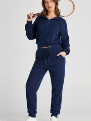 Ensemble de sweat à capuche courte en maille côtelée bleu marine et pantalons de jogging à cordon - Miniatuur