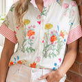 Beige Floral Striped Patchwork Ruffled Collar Short Sleeve Shirt - Damesmode Afbeelding 3 - Foto 3