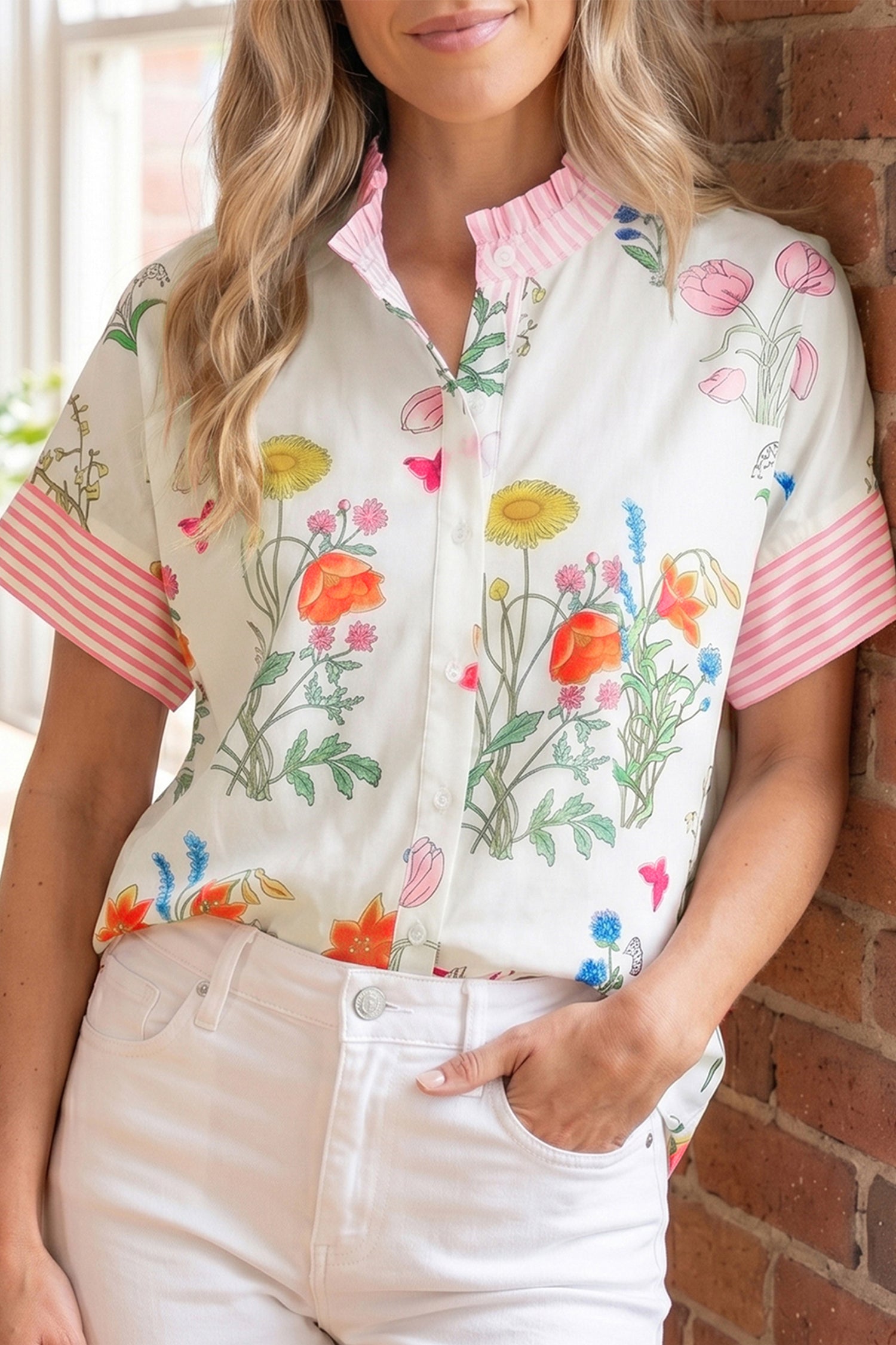 Beige Floral Striped Patchwork Ruffled Collar Short Sleeve Shirt - Damesmode Afbeelding 3