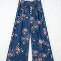 Blue Retro Floral Print Tie Elastic Waist Button Pintuck Wide Leg Jeans - Damesmode Afbeelding 3 - Foto 3