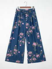 Blue Retro Floral Print Tie Elastic Waist Button Pintuck Wide Leg Jeans - Women's Fashion Image 3 - Miniatuur