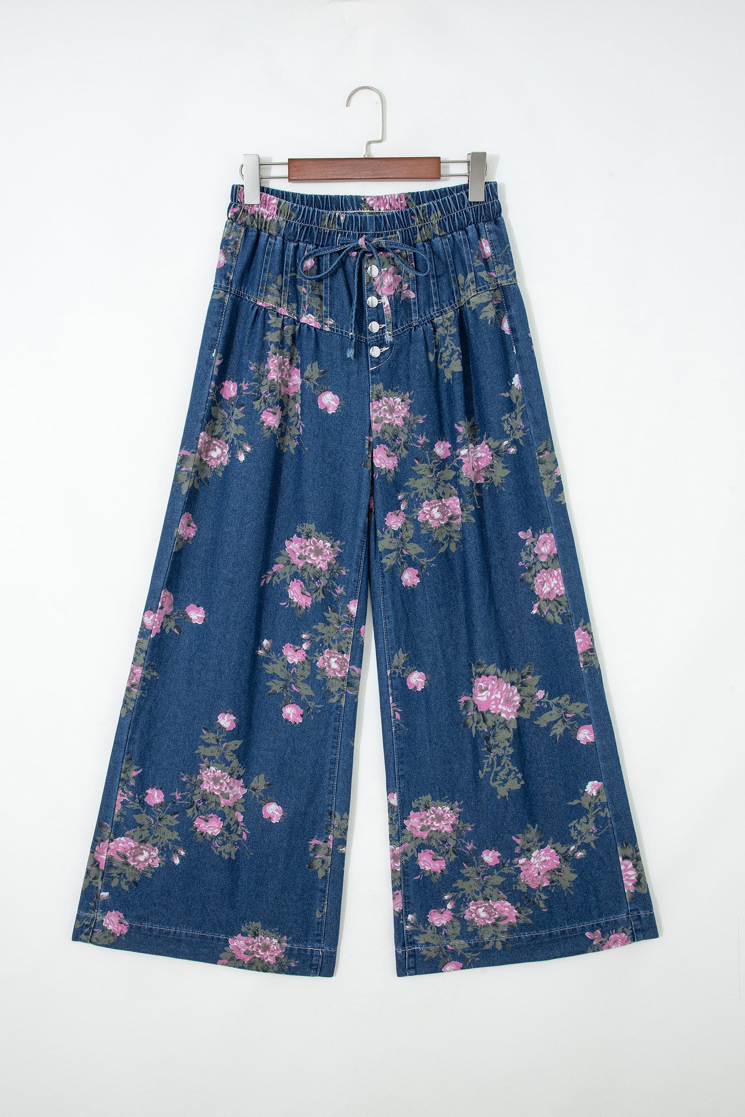 Blue Retro Floral Print Tie Elastic Waist Button Pintuck Wide Leg Jeans - Damesmode Afbeelding 3