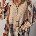 Oatmeal Boho Floral Plaid Patchwork Distressed Detail Ruffled Sleeve Waffle Knit Shacket - Foto 6