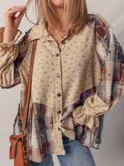 Oatmeal Boho Floral Plaid Patchwork Distressed Detail Ruffled Sleeve Waffle Knit Shacket - Miniatuur
