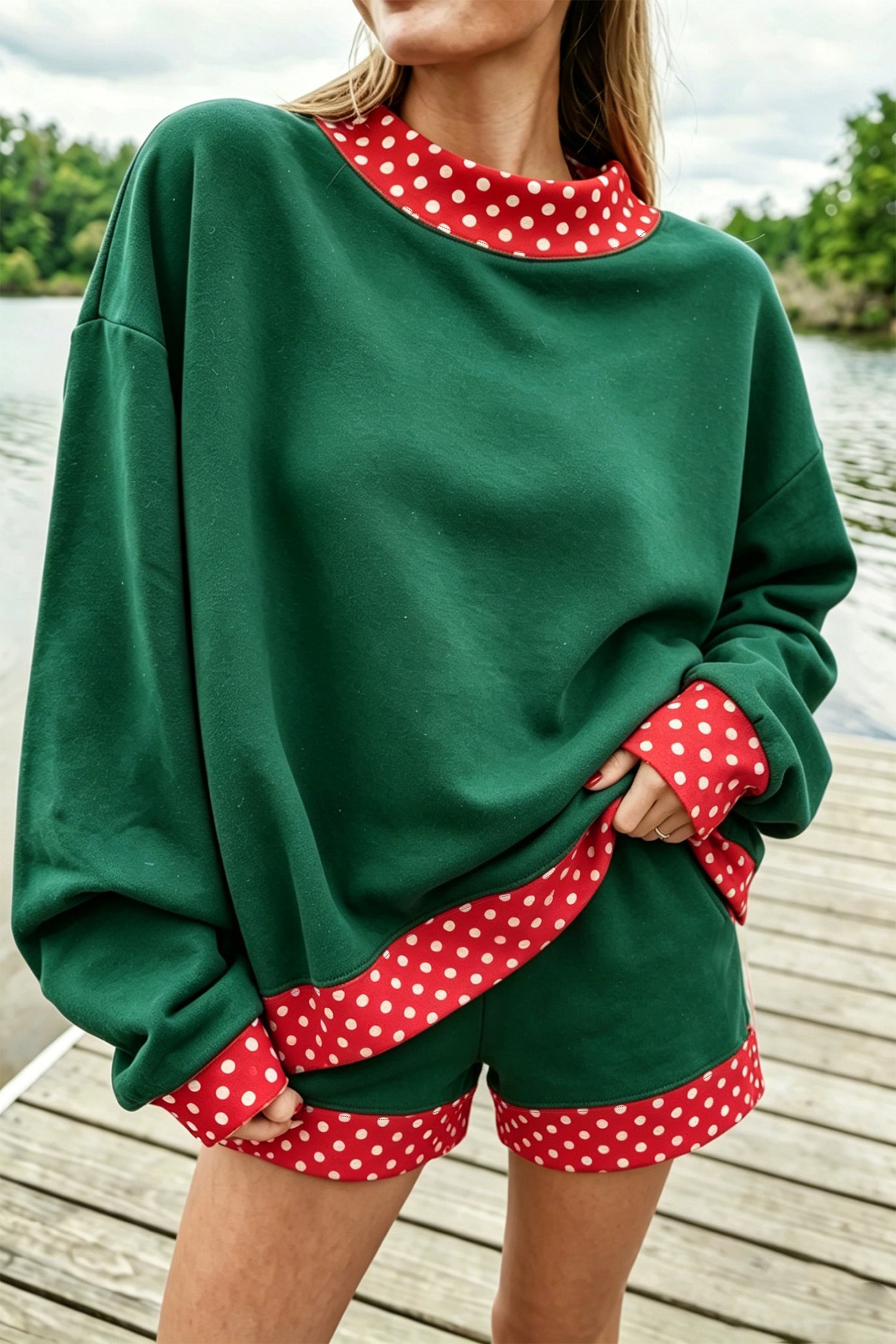 Marineblauer Polka Dot Trim Baggy Pullover 2 Stück Short Set