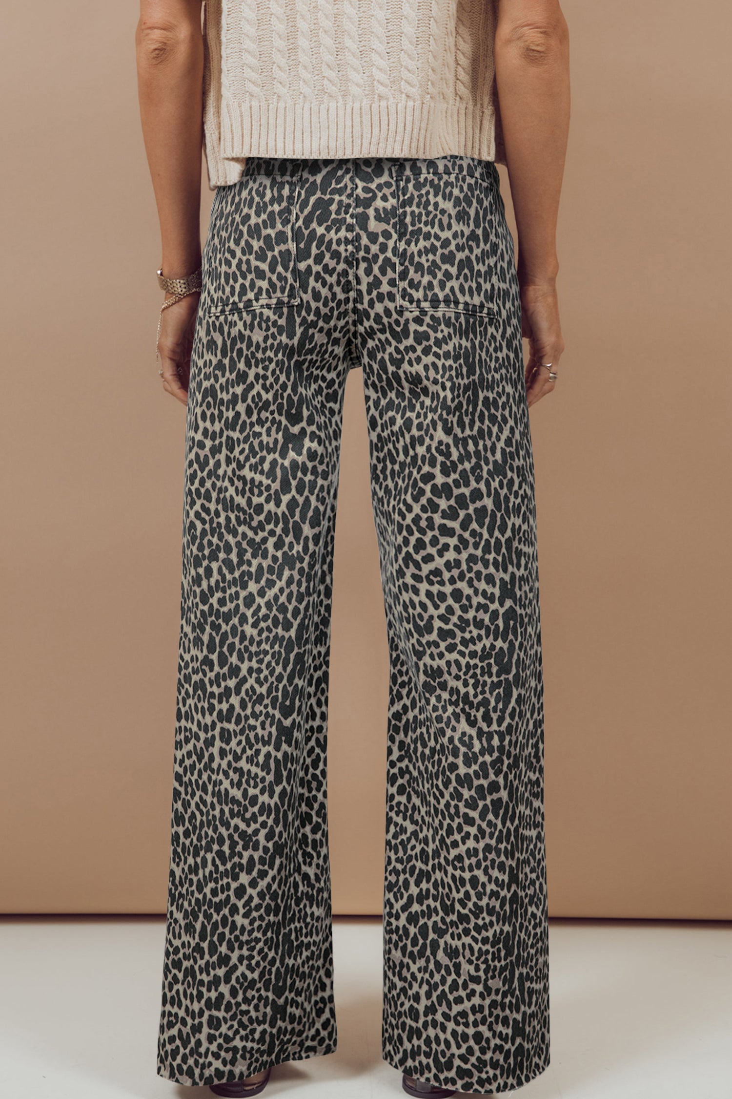 Black Leopard Print Wide Leg High Waist Jeans - Damesmode Afbeelding 2