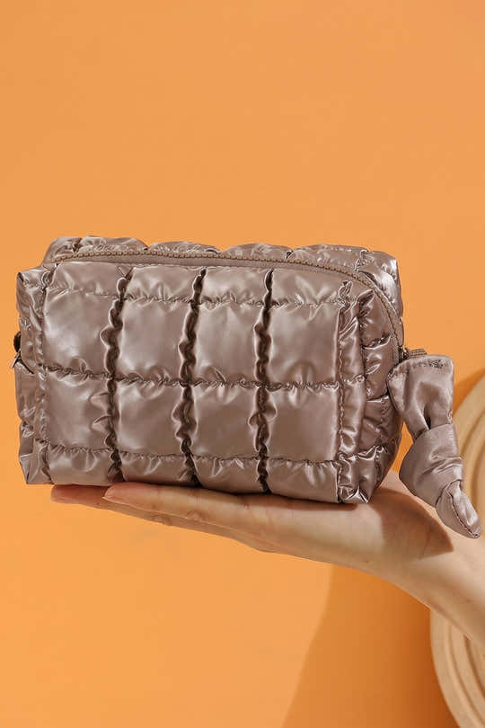 Sac de maquillage en nylon matelassé couleur unie café