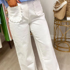 White Solid Color Scalloped Patch Pocket Shift Jeans - Thumbnail