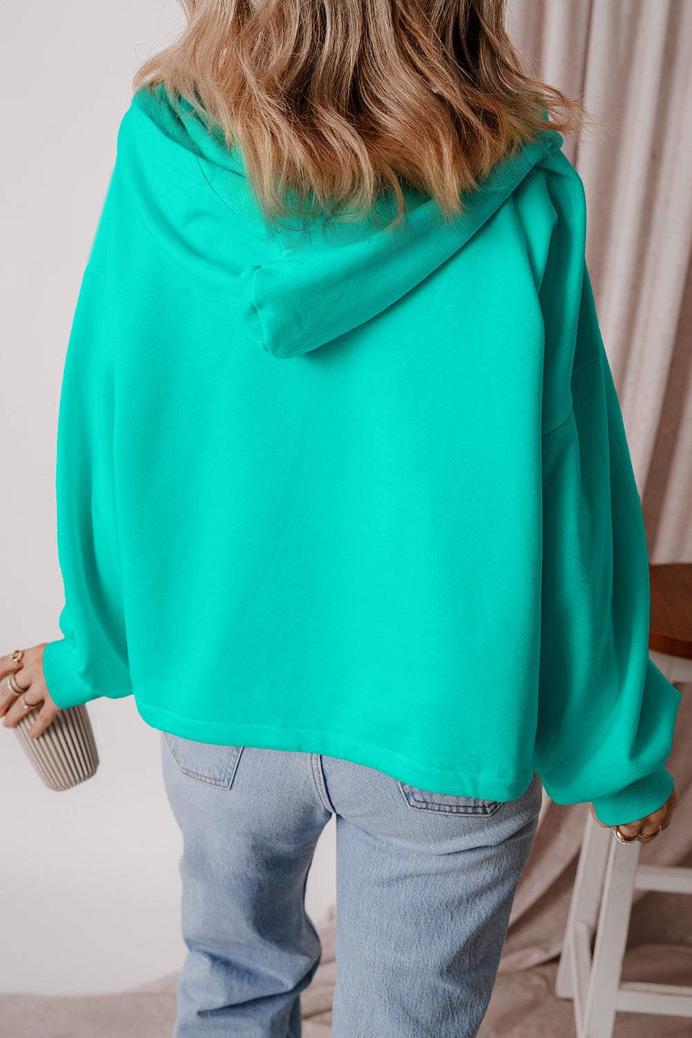Aruba Blue Fleece Lined Half Zipper Kangaroo Pockets Loose Hoodie - Damesmode Afbeelding 2
