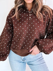 Brown Polka Dot Print Metal Button Collar Casual Pullover Sweatshirt - Miniatuur