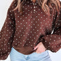 Brown Polka Dot Print Metal Button Collar Casual Pullover Sweatshirt